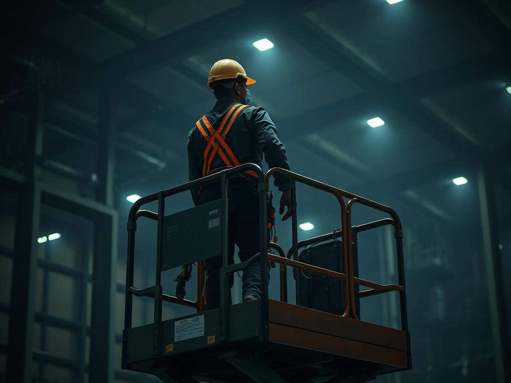 Arbeider på mobil arbeidsplattform med fallsikring