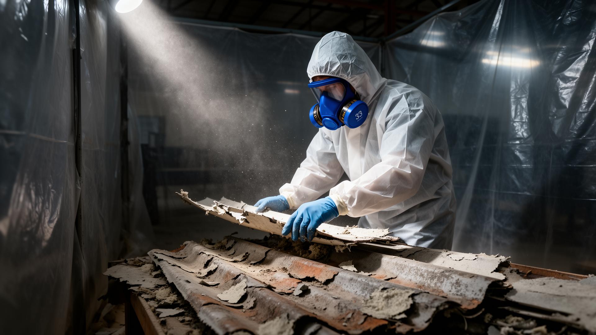 Arbeider i hvit vernedrakt og blå P3-halvmaske håndterer asbestmateriale i kontrollert sone
