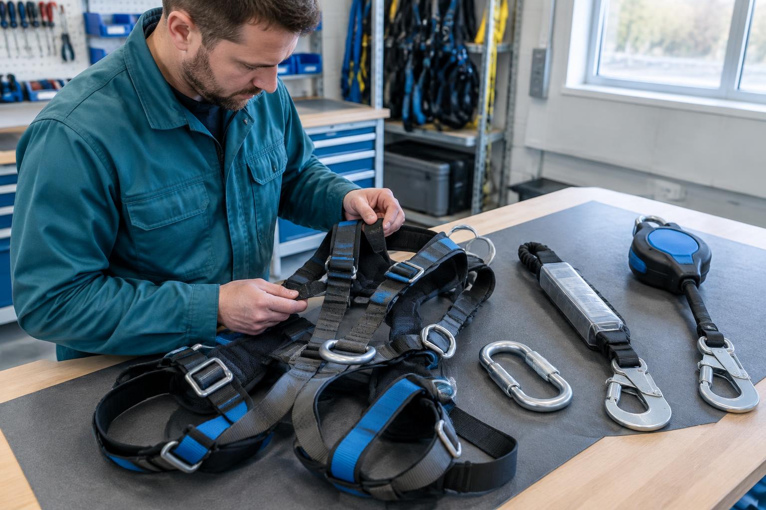 Kontroll av fallsele, koblinger og fallsikringsutstyr på en arbeidsbenk