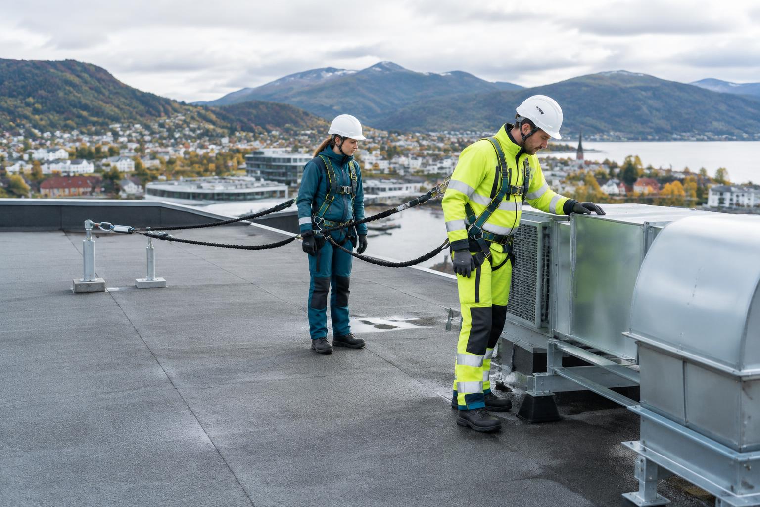 Teknikere med fallsikringsutstyr ved arbeid på et norsk industritak