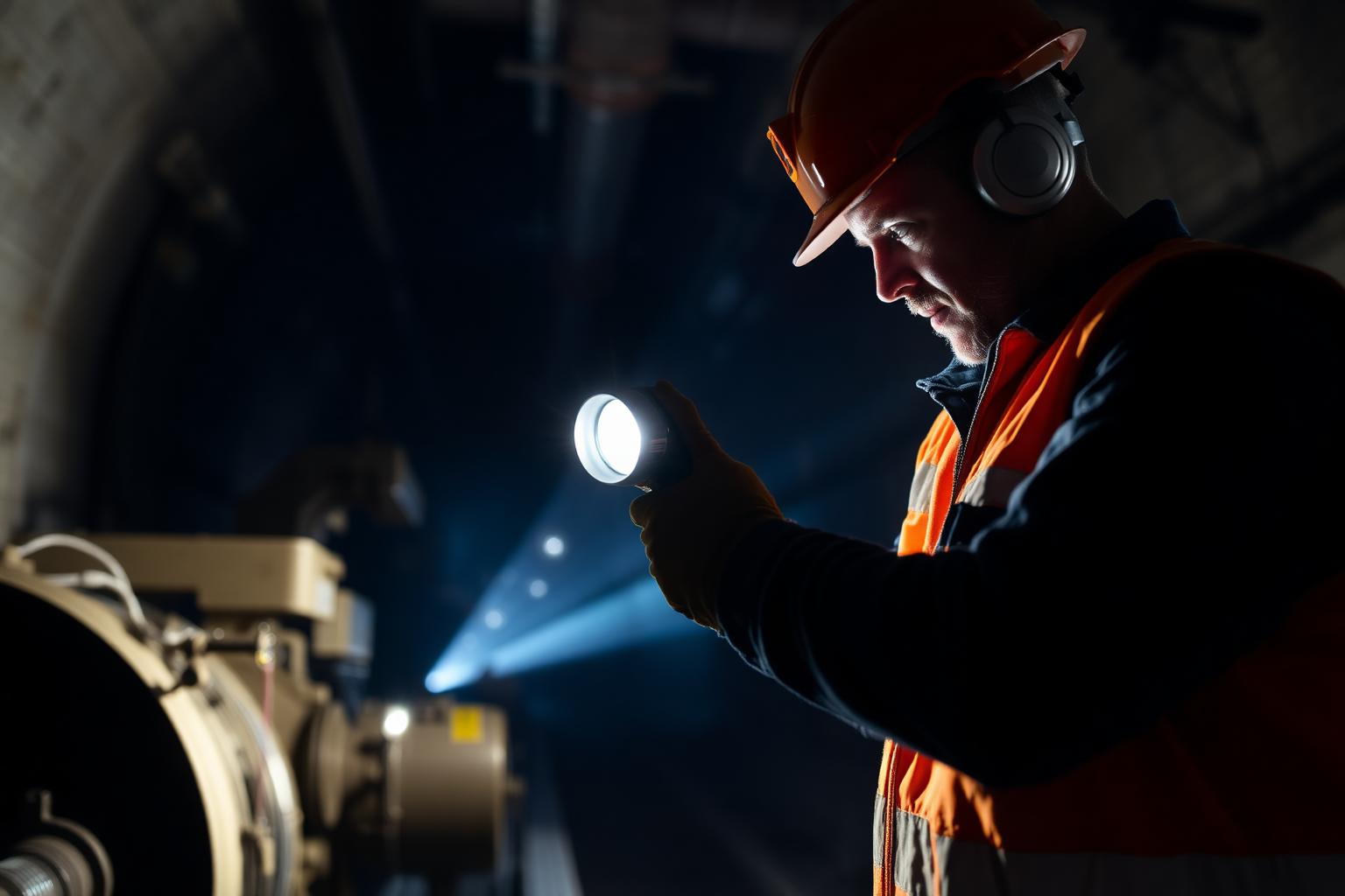 Industriarbeider med kraftig lommelykt i mørkt miljø