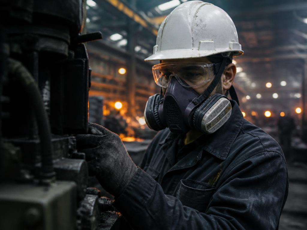 Arbeider med åndedrettsvern, hjelm og vernebriller i industrielt miljø